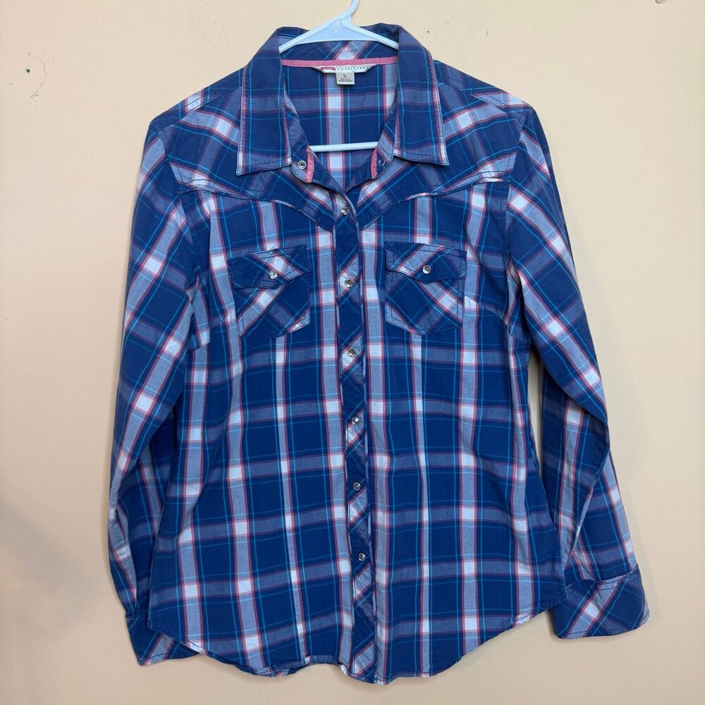 Cumberland Outfitters Shirt Womens Large Blue Pearl Snap Plaid Western Cowgirl